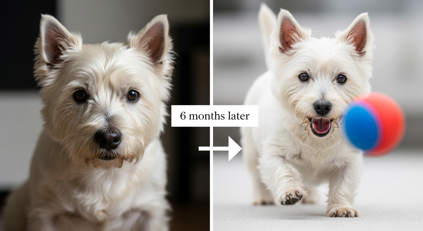 Avant après traitement dermatite atopique chien Westie récupération