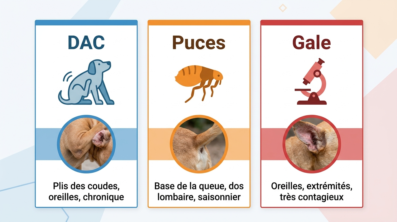 Comparaison visuelle dermatite atopique puces gale chien