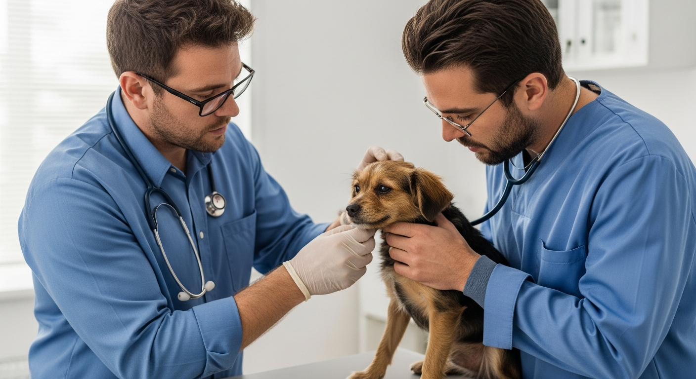 Vétérinaire examinant chiot exposition maladie de Carré