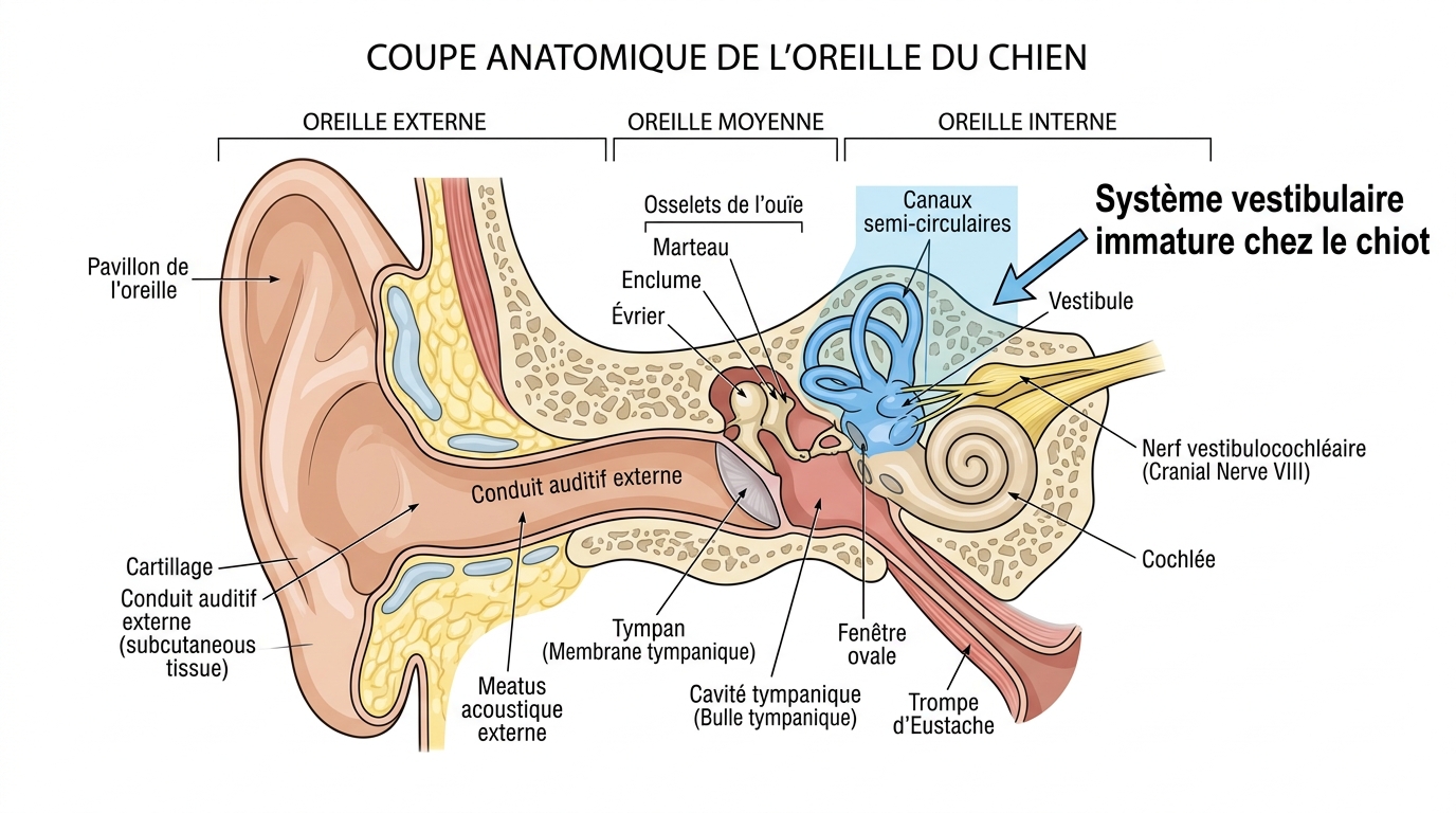 Schéma anatomique oreille interne chien système vestibulaire