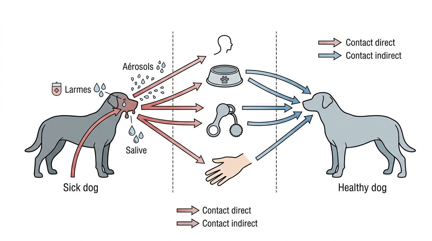 Schéma transmission maladie de Carré chien contact direct indirect