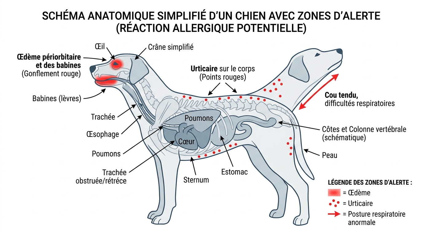 Schéma signes allergie grave chien œdème urticaire