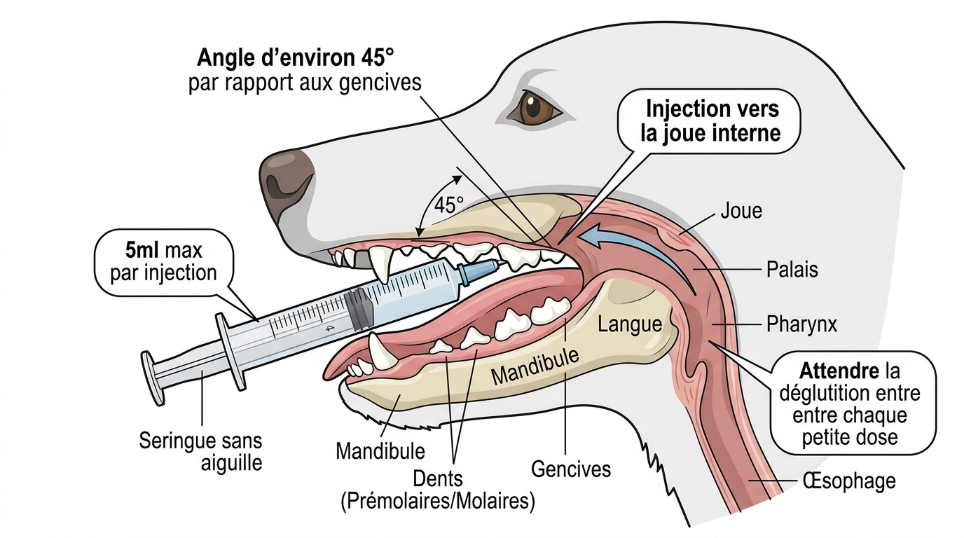 Technique seringue chien malade : angle 45 degrés injection joue