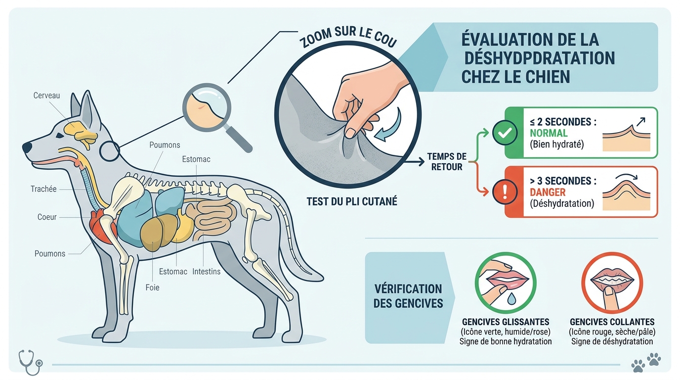 Schéma test déshydratation chien : test du pli cutané et gencives