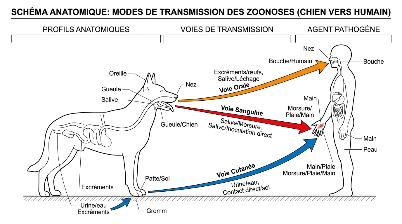 Schéma des trois voies de transmission des zoonoses du chien à l'homme