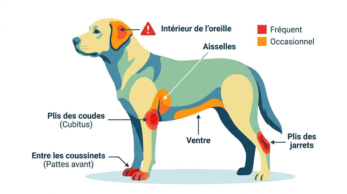 Schéma zones atteintes dermatite atopique chien oreilles plis