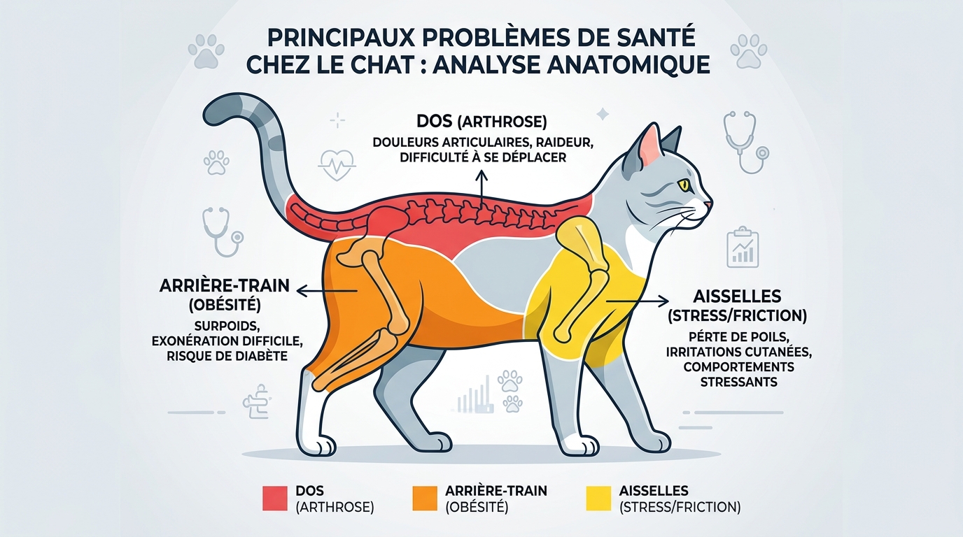 Schéma anatomique chat localisation poils collés et causes maladies