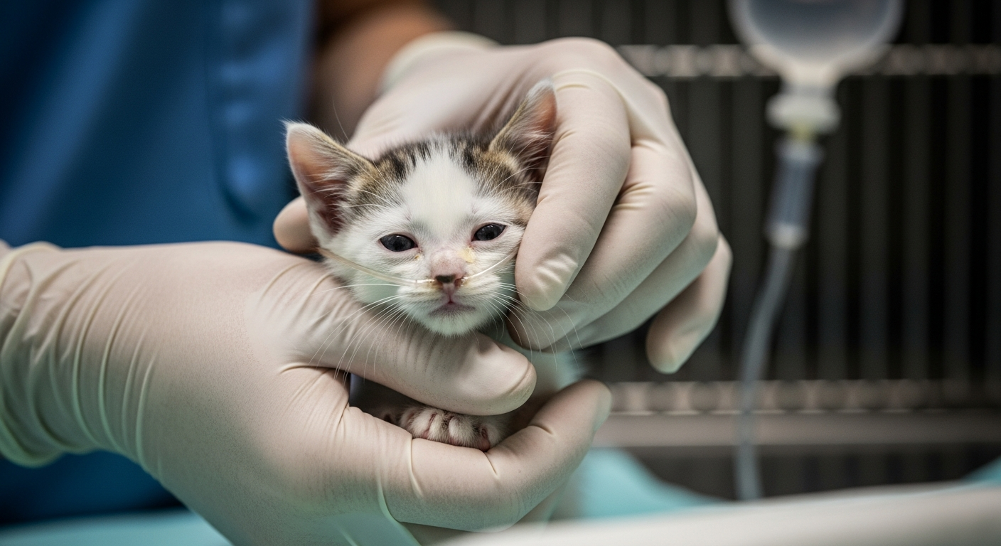Chaton sous perfusion traité pour typhus en clinique vétérinaire