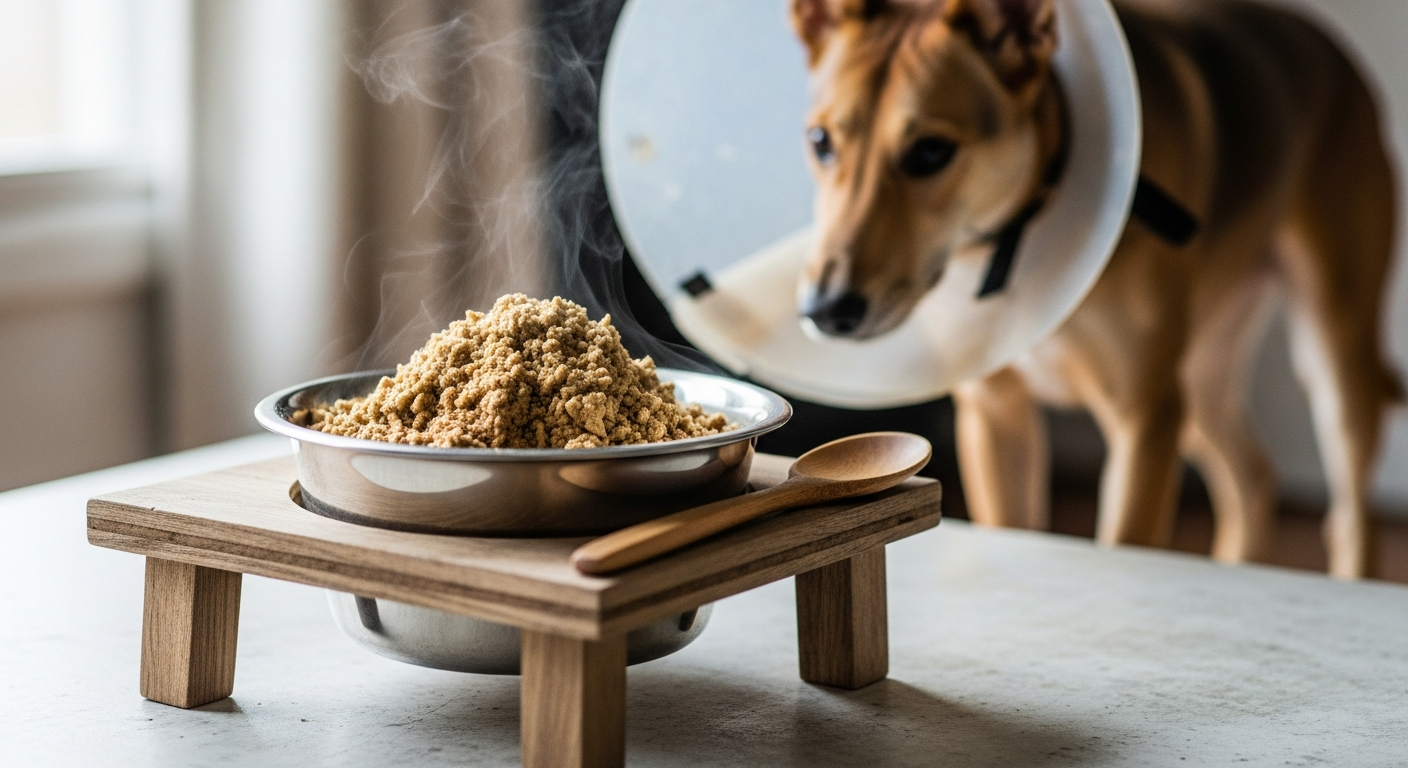 Chien collerette elisabethaine mange bol surélevé convalescence