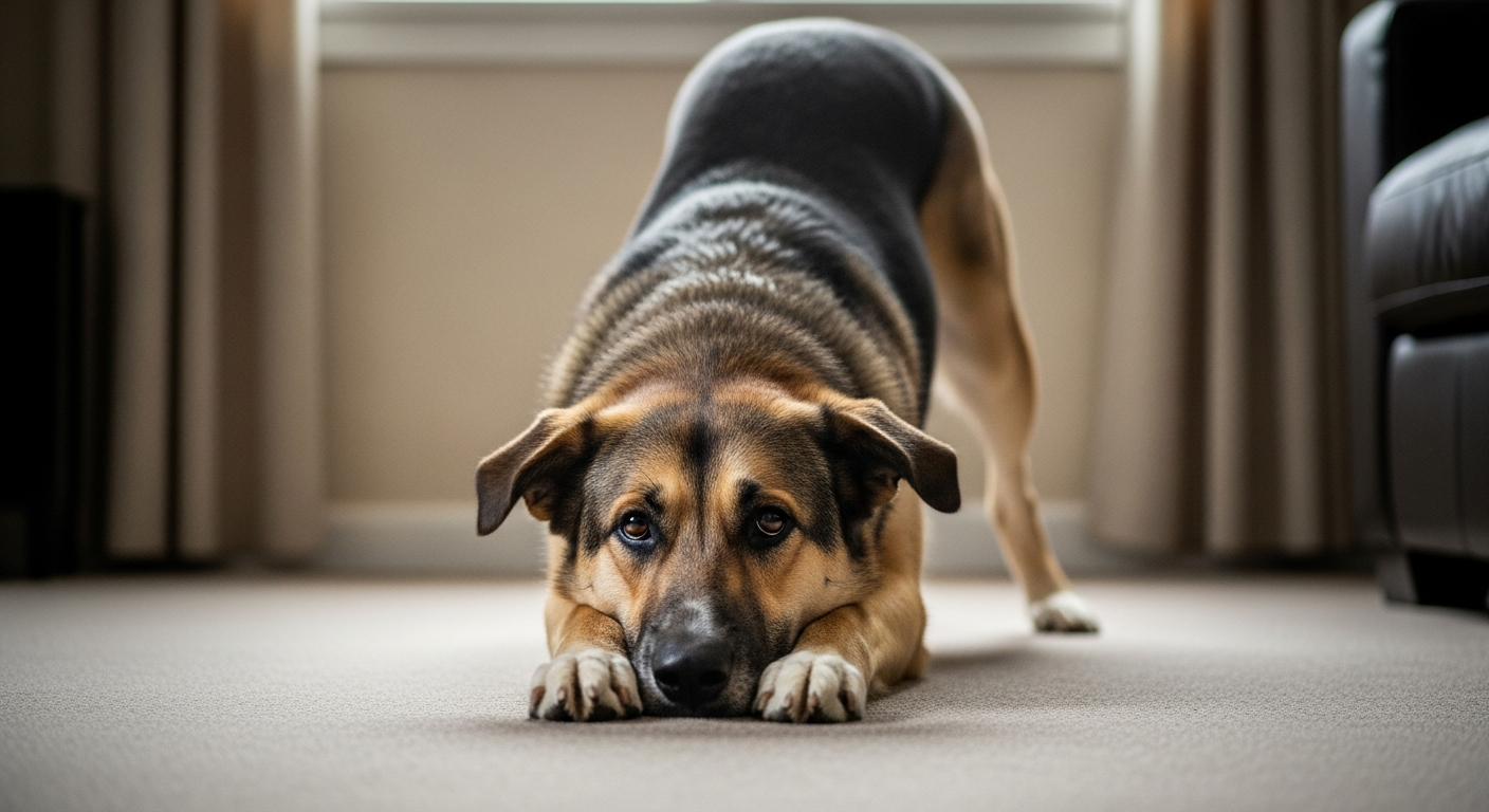 Chien malade en position de prière signe de douleur abdominale