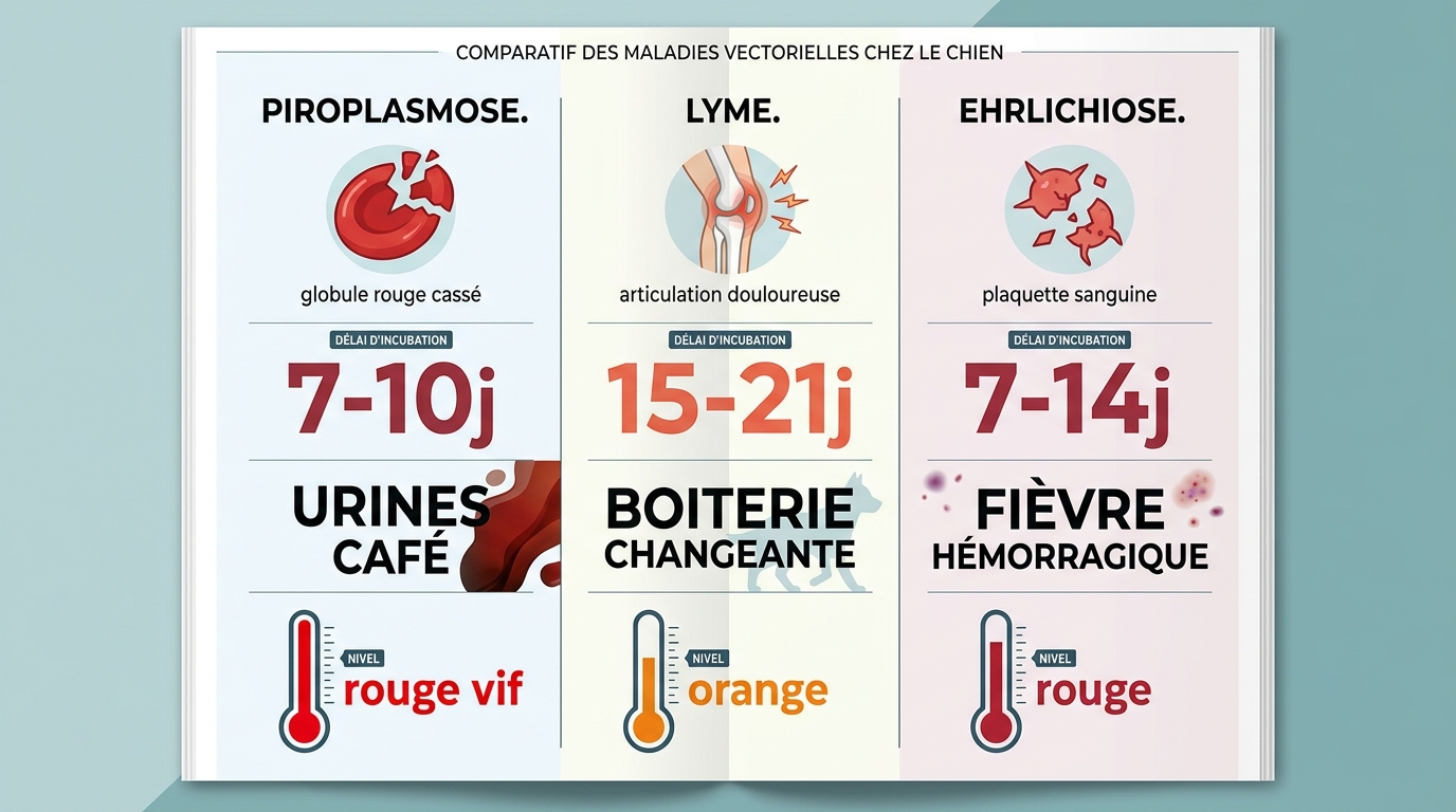 Tableau comparatif symptômes piroplasmose Lyme ehrlichiose chien