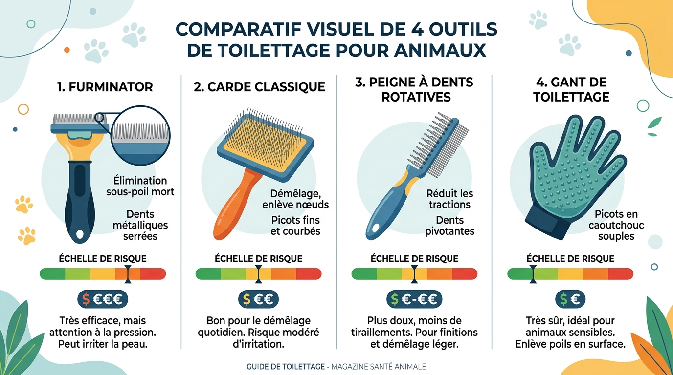 Comparatif outils brossage chat niveau risque Furminator carde peigne