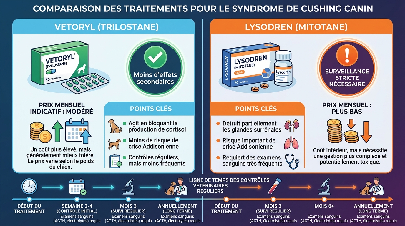 Comparatif médicaments Cushing chien Trilostane Mitotane coût