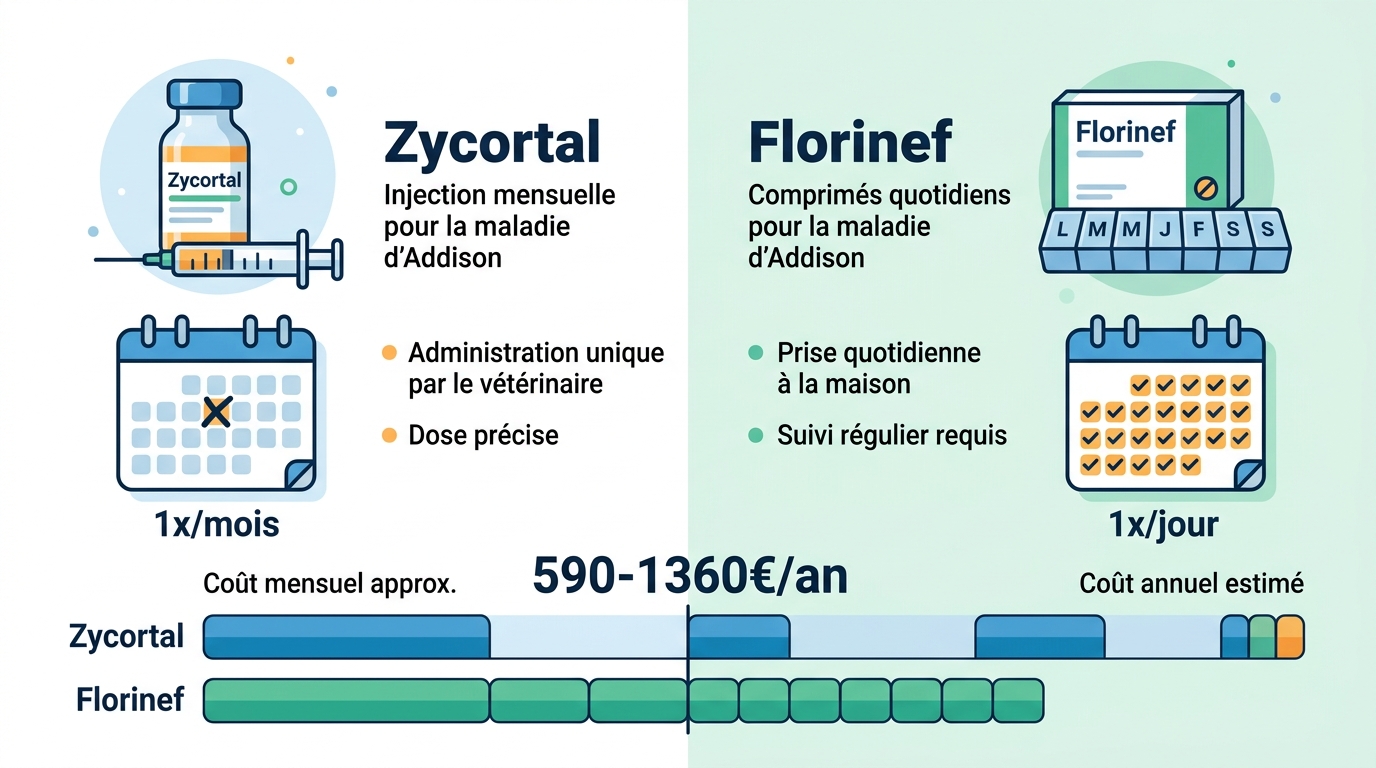 Comparatif traitement Zycortal Florinef prix maladie Addison chien 2026