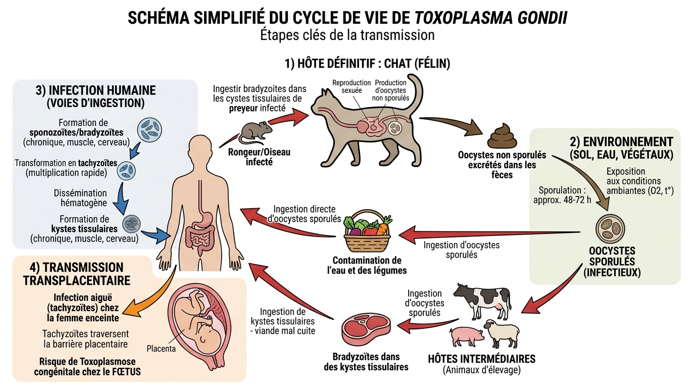 Schéma cycle toxoplasmose chat femme enceinte transmission