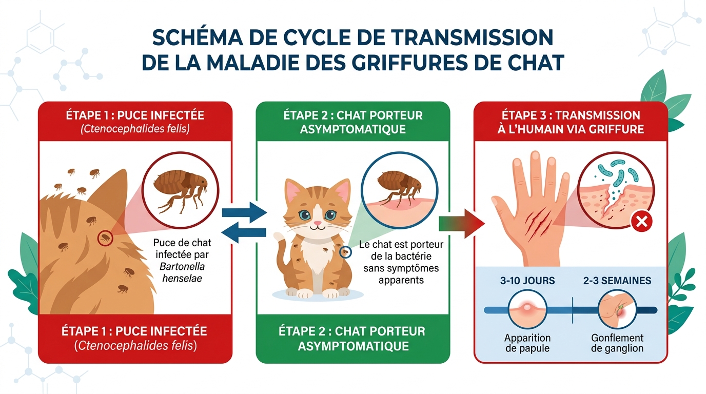 Schéma cycle transmission bartonellose griffes du chat puce à homme