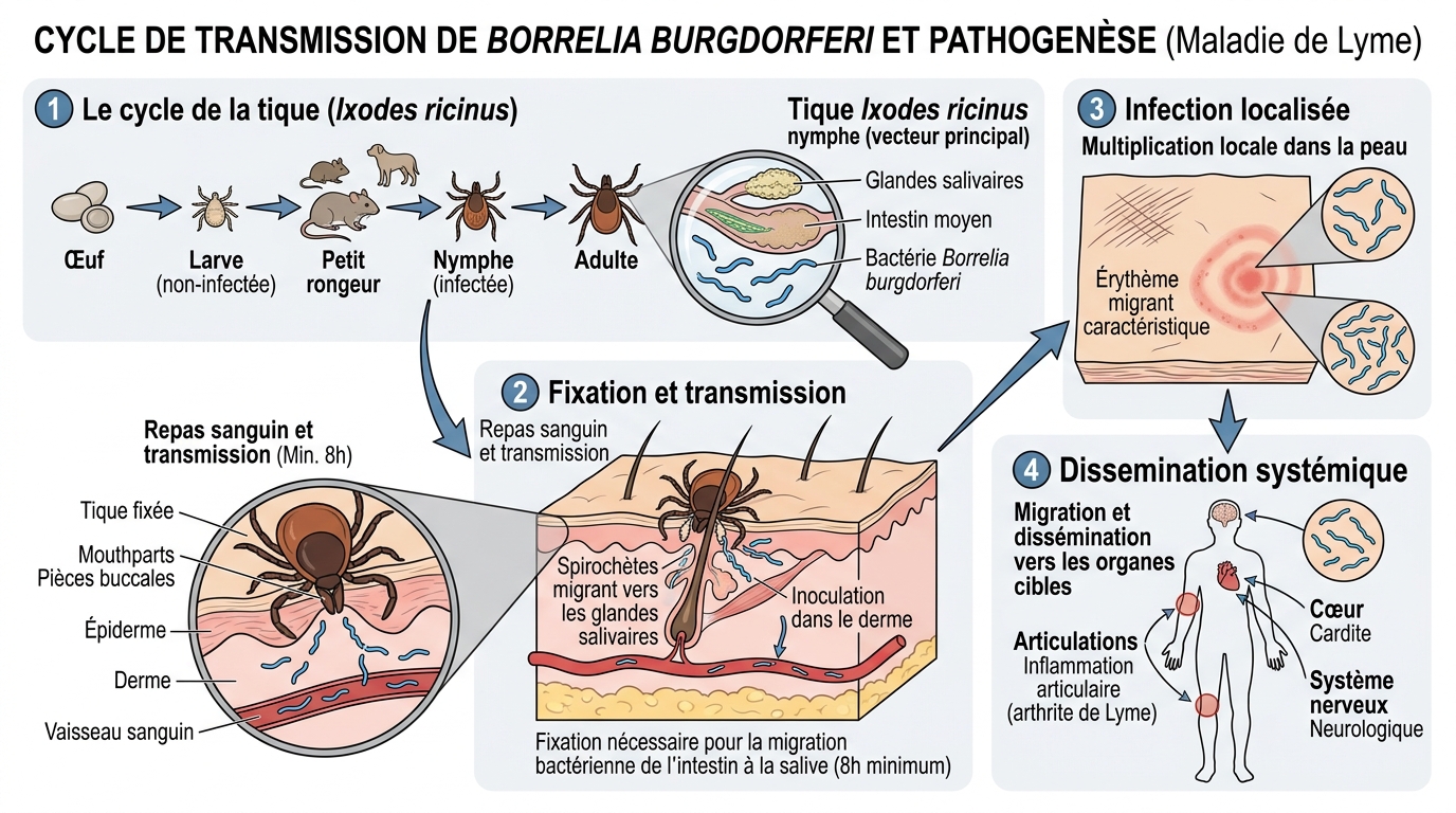 Schéma cycle transmission Borrelia burgdorferi tique Ixodes chat