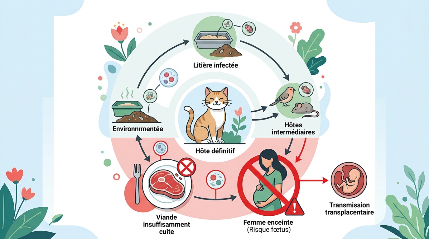 Infographie cycle transmission toxoplasmose chat vers homme