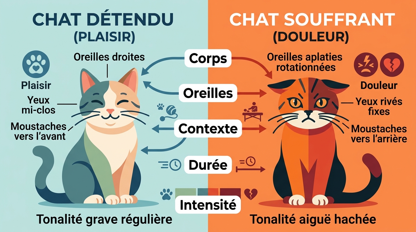 Infographie différencier ronronnement plaisir douleur chat corps