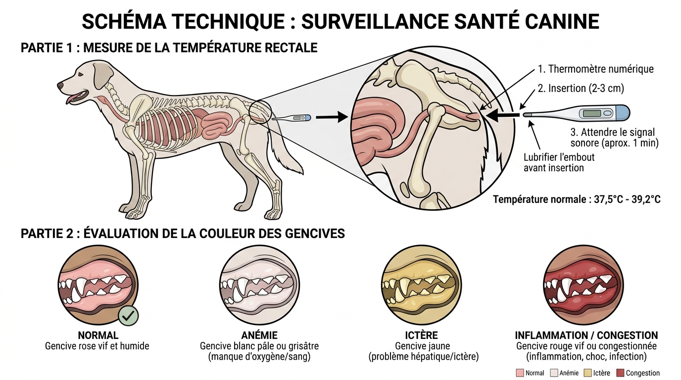 Schéma prise température rectale chien et couleur muqueuses normales