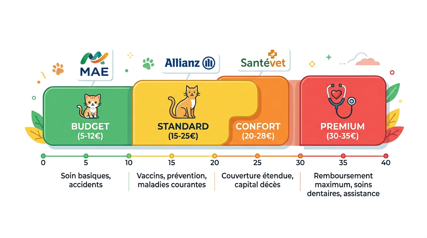 Graphique fourchettes prix assurance maladie chat 2026 de 9 à 35 euros