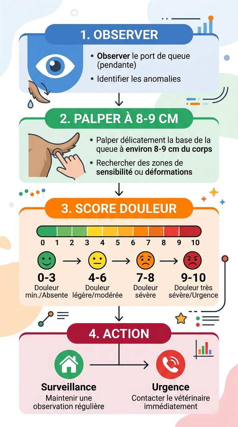 Infographie protocole 4 étapes évaluation queue basse chien urgence