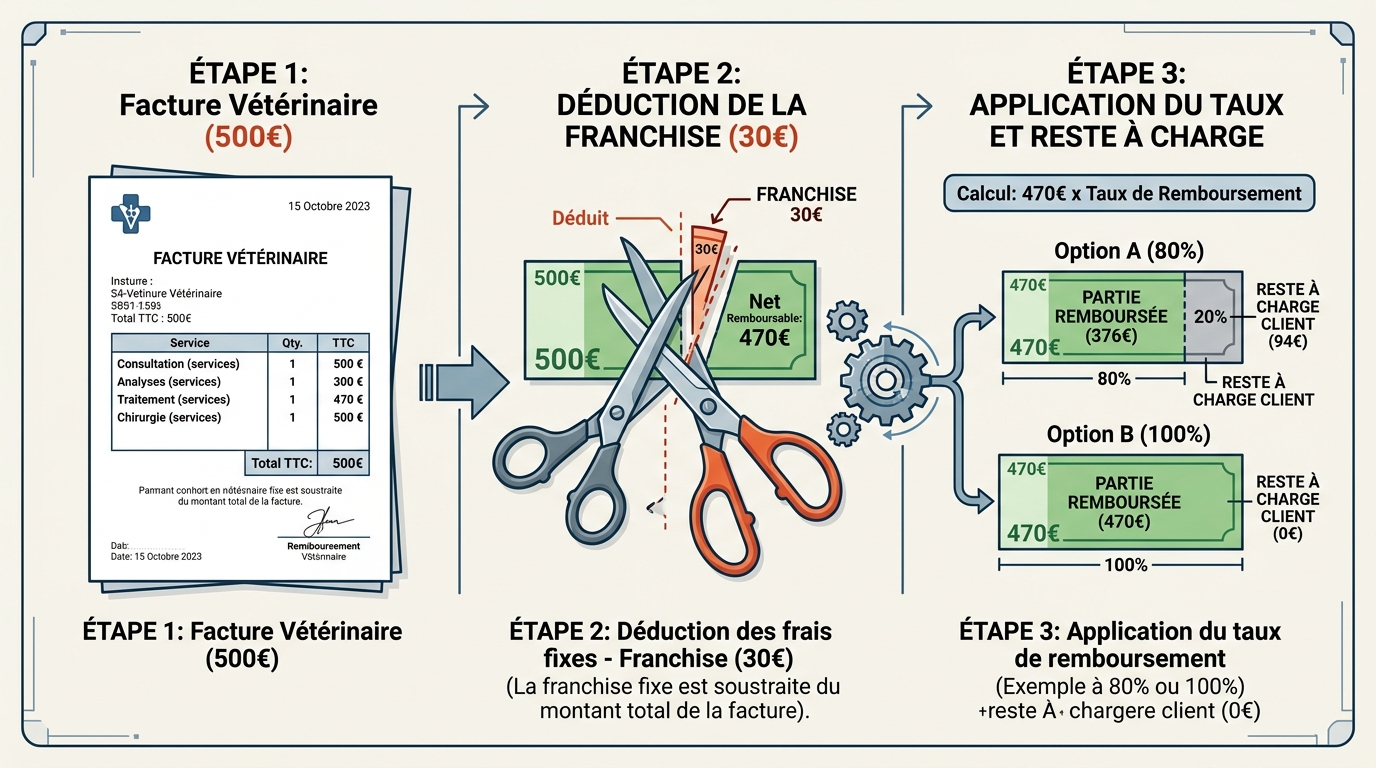Schéma calcul remboursement assurance chat avec franchise et taux