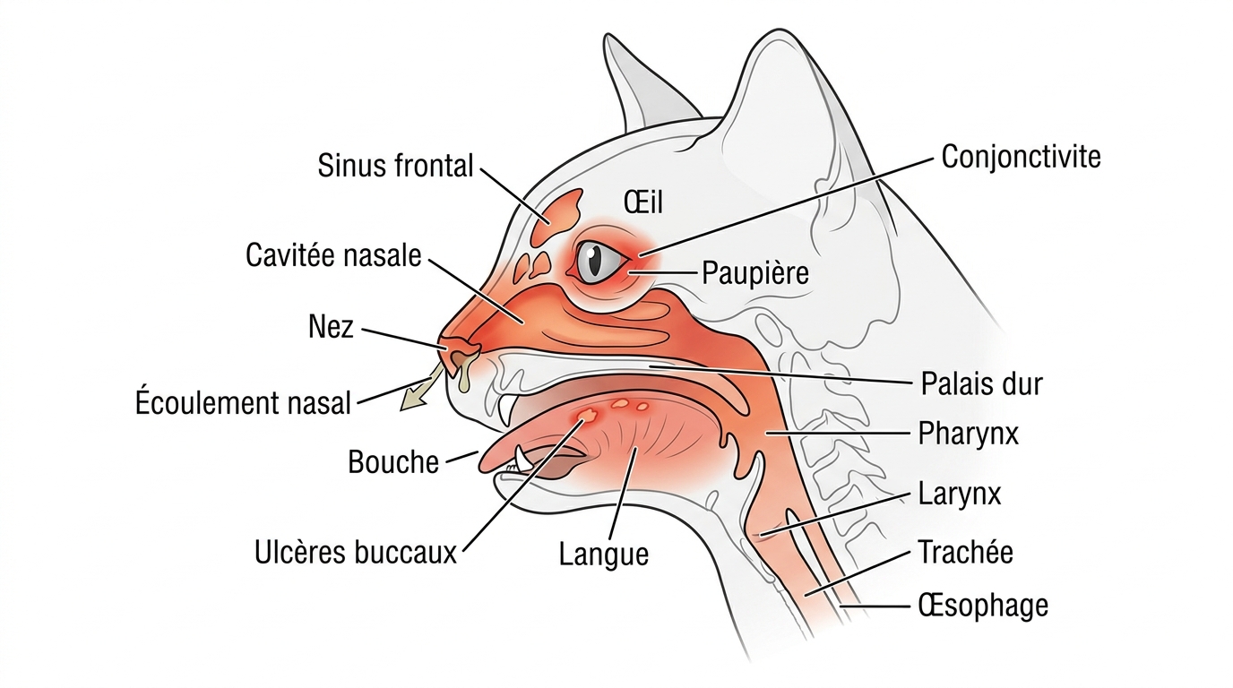 Schéma anatomique chat zones infectées coryza calicivirus