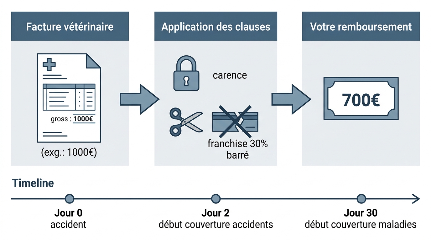 Schéma explicatif mécanisme franchise et remboursement assurance chien