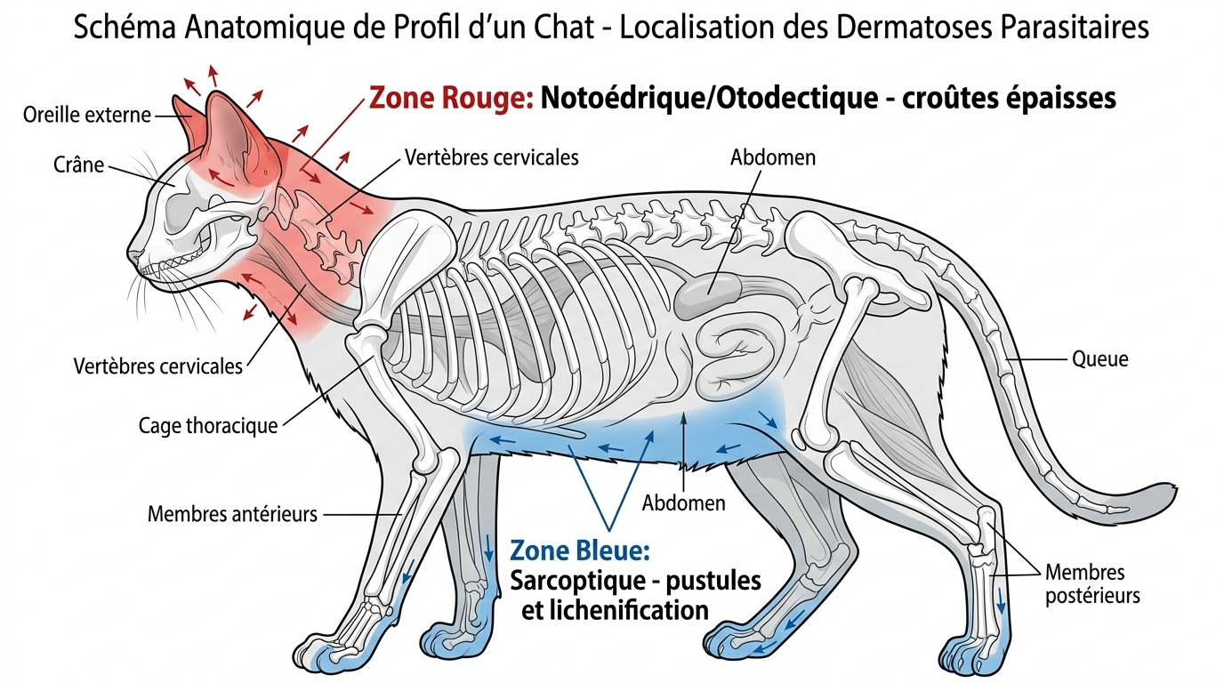 Schéma localisation gale chat oreilles corps notoedres sarcoptes