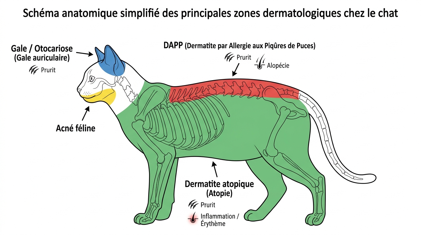 Schéma localisation maladies peau chat par régions corporelles