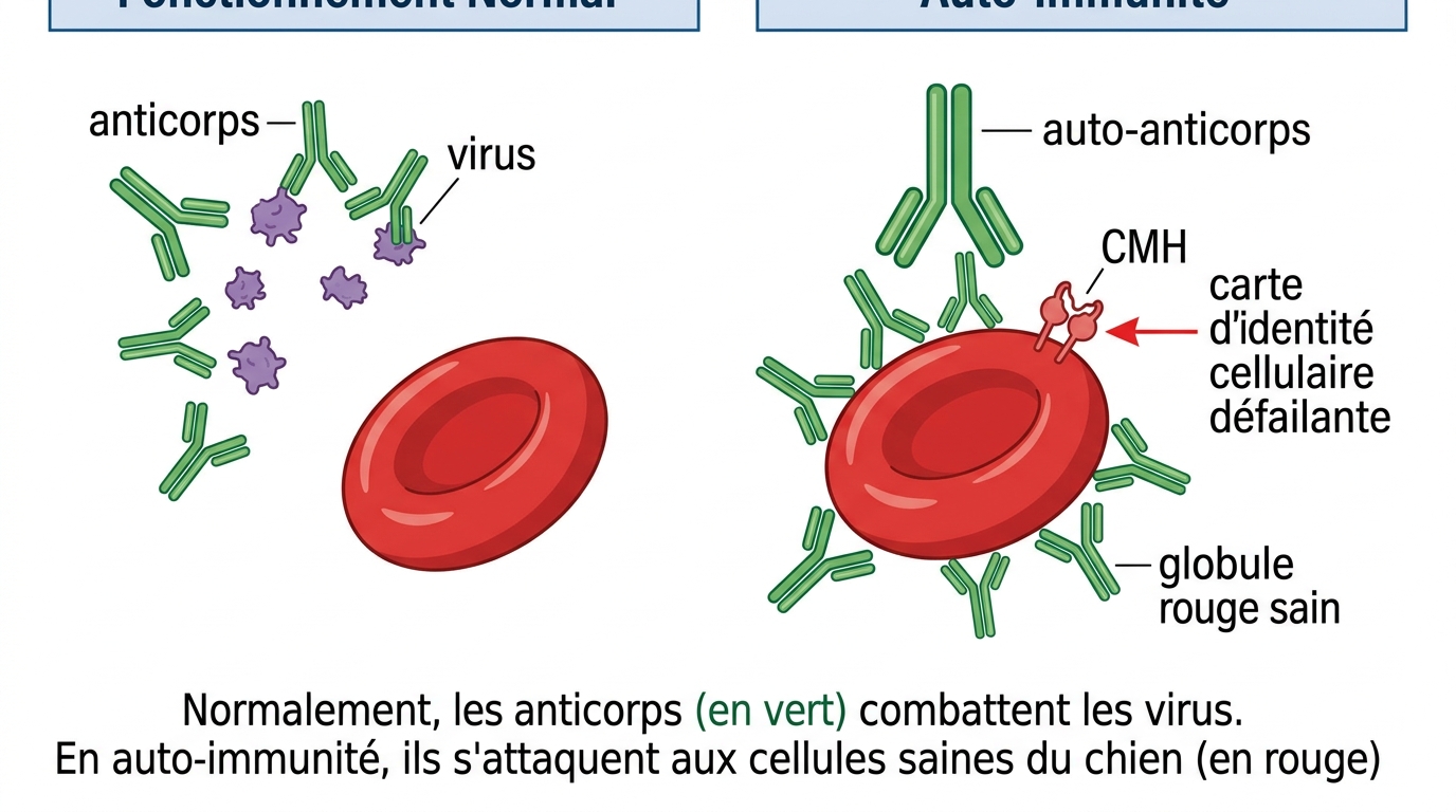 Schéma mécanisme maladie auto-immune chien auto-anticorps