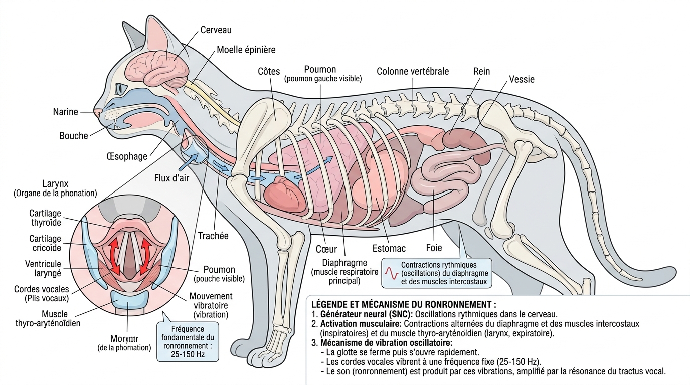 Schéma mécanisme ronronnement chat larynx fréquences hertz