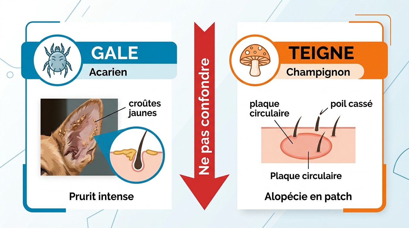 Tableau comparatif visuel différence gale teigne chat symptômes