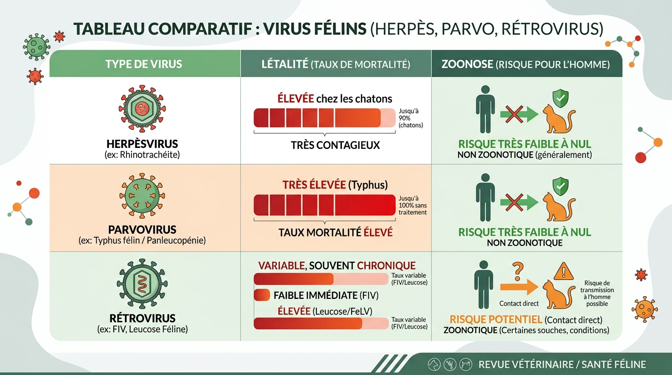 Tableau comparatif des maladies mortelles du chat : létalité et zoonoses