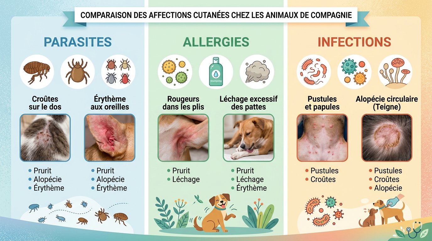 Tableau comparatif maladies de peau du chien : parasites, allergies, infections