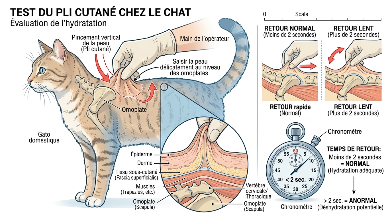 Schéma test pli cutané chat déshydratation vérification