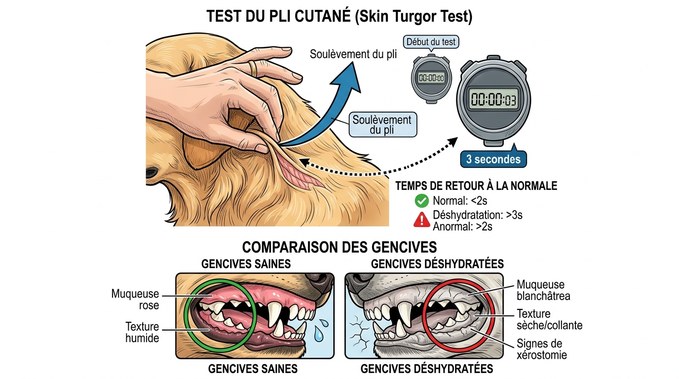 Schéma test pli cutané chien déshydratation vérification gencives