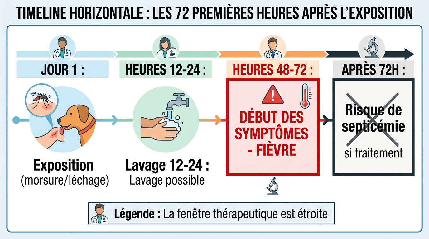 Timeline 72 heures évolution infection Capnocytophaga canimorsus symptômes