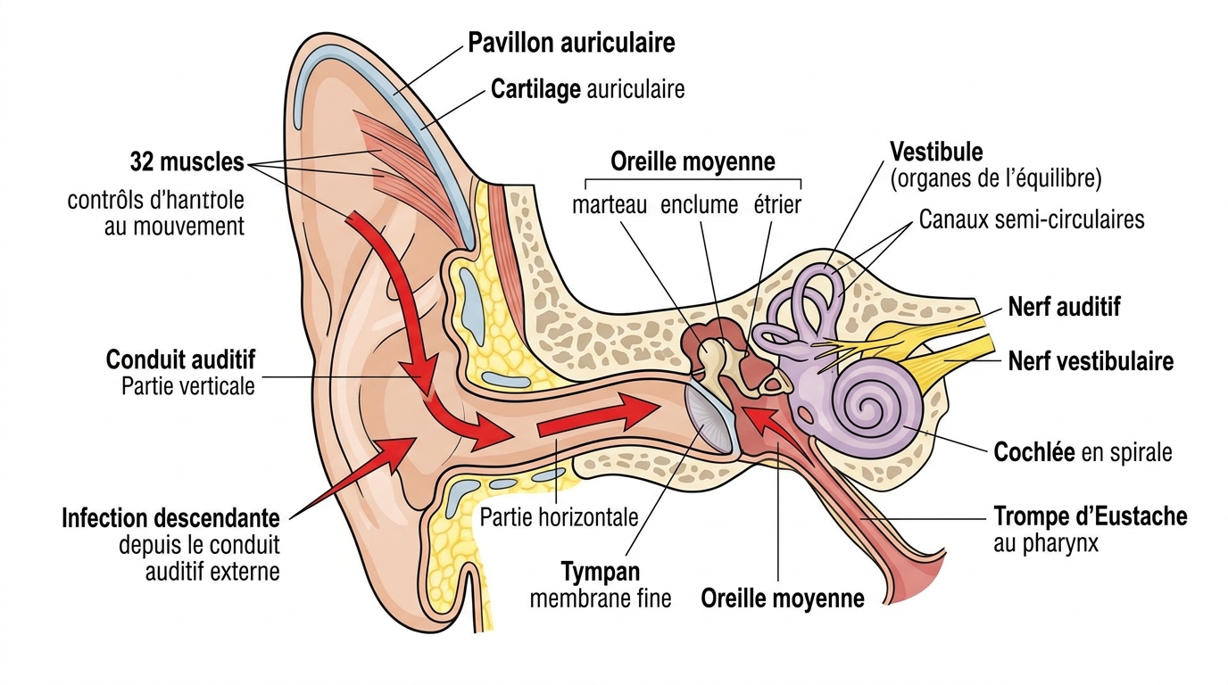 Schéma anatomie oreille chat conduit en L tympan cochlée