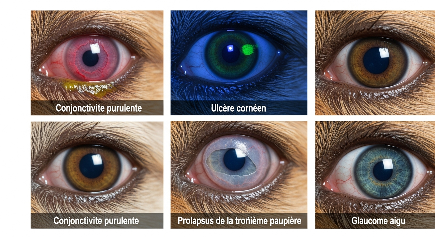 Photos comparatives de 4 maladies oculaires du chat : conjonctivite, ulcère, prolapsus, glaucome