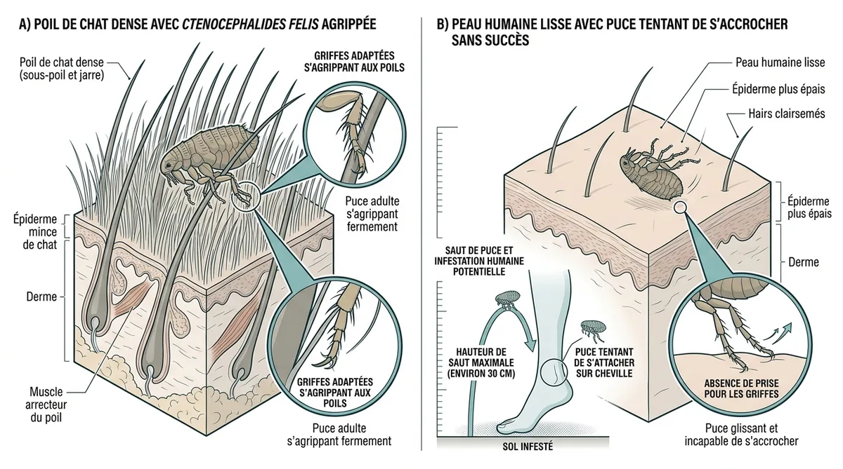 Schéma anatomique comparaison puce chat et peau humaine explication transmission