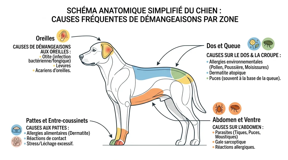 Schéma causes démangeaisons chien selon zones anatomiques