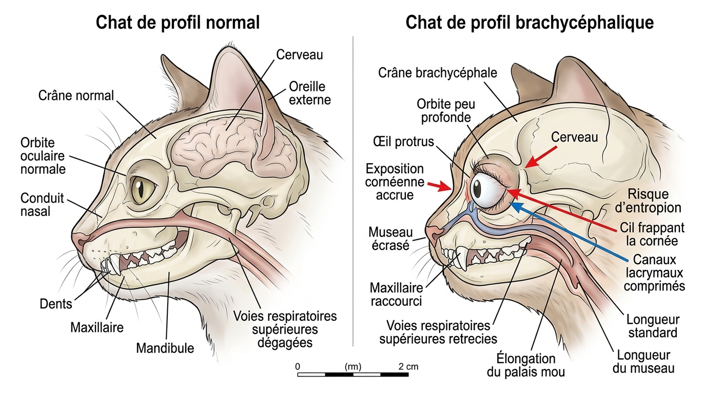 Schéma comparatif profil facial chat normal vs brachycéphale risques oculaires