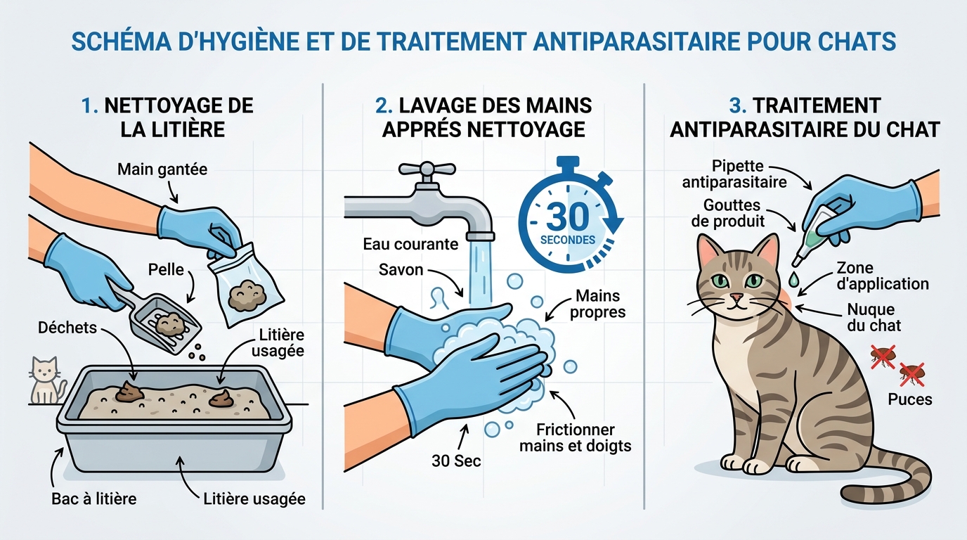 Schéma des 3 gestes de prévention contre les maladies transmises par le chat