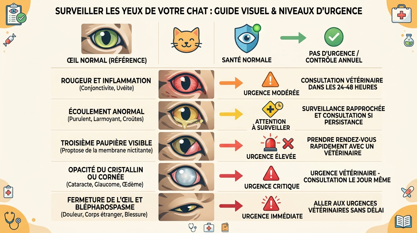 Tableau comparatif des 5 symptômes de maladie des yeux chez le chat avec niveaux d'urgence