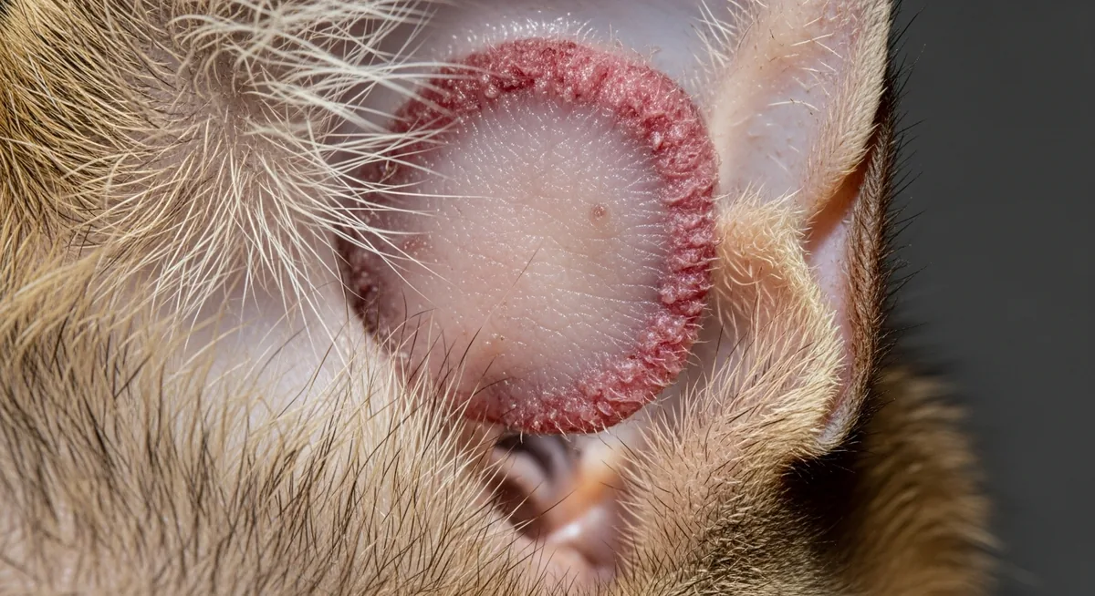 Photo teigne chat : plaque circulaire alopécie oreille dermatophytose