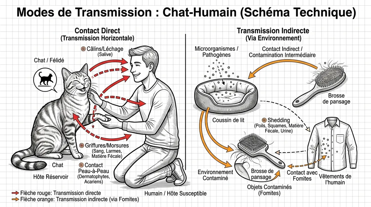 Schéma transmission teigne chat vers humain