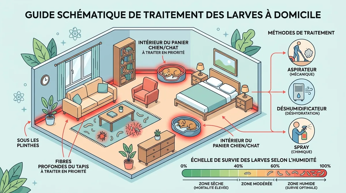 Plan maison zones infestées par larves de puces et méthodes d'élimination