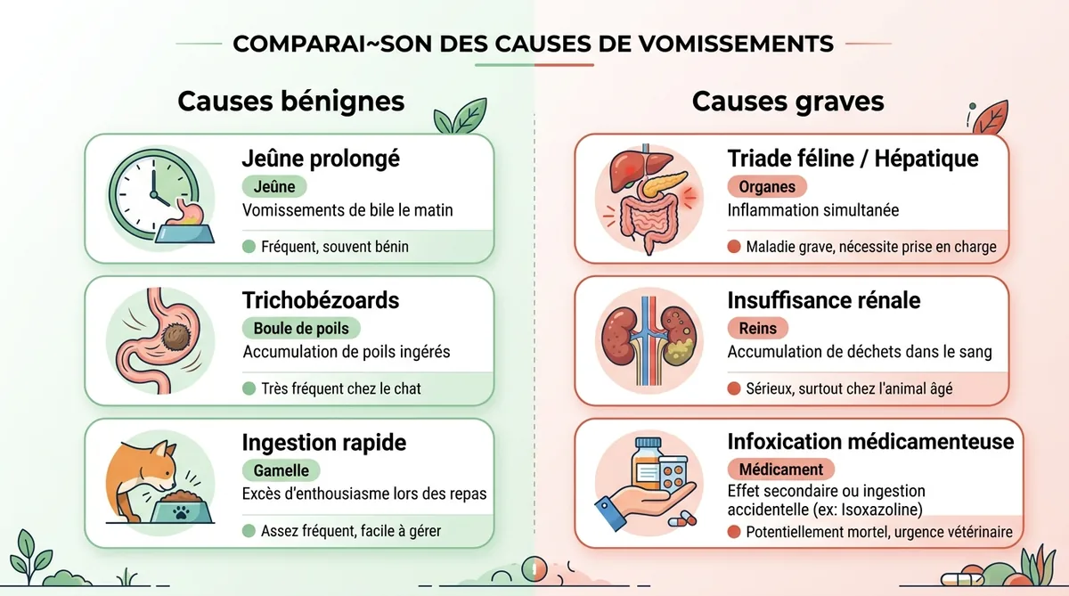Infographie causes vomissement bile chat bénignes vs graves